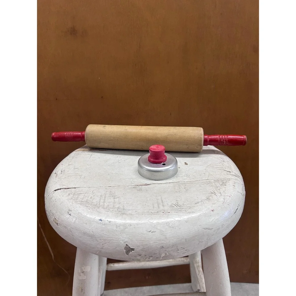 Wooden Rolling Pin & Biscuit/Cookie Cutter w/ Doughnut Hole Insert Red Handles